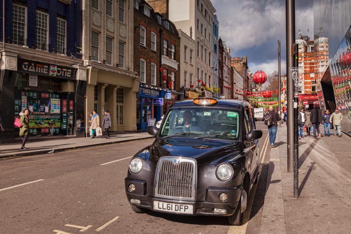 London taxi cab, Chinatown, London, England.