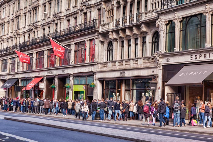 Crowds of shoppers in Regent Street, London, England, on a winter afternoon.
