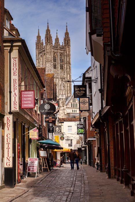 Buthery Lane, Canterbury, Kent, with a view of Canterbury Cathedral.