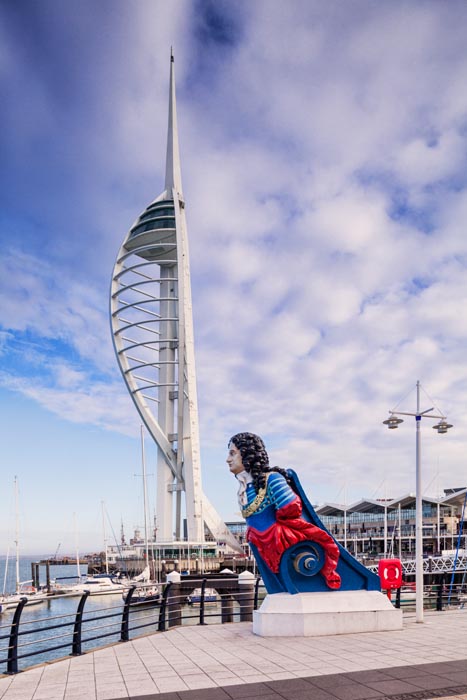 Portsmouth, the Spinnaker Tower and the figurehead of HMS Marlborough.