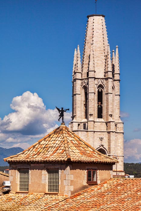 Tthe bell tower of Sant Feliu Collegiate Church, Girona, Catalonia, Spain.
