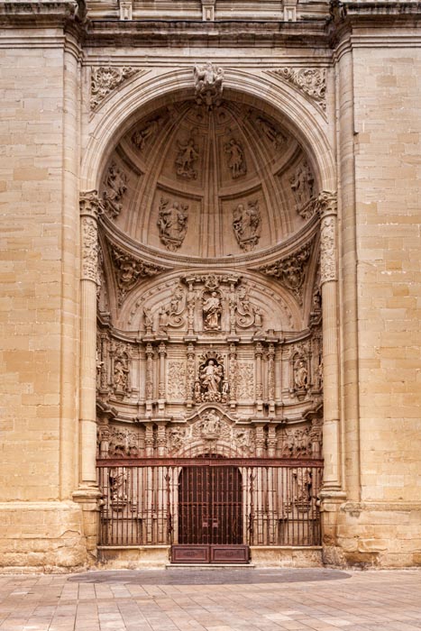 The west door of the Concatedral de Santa María de la Redonda, Logrono, La Rioja, Spain. There is a fine mesh netting above the gate which is visible in darker areas of the image.