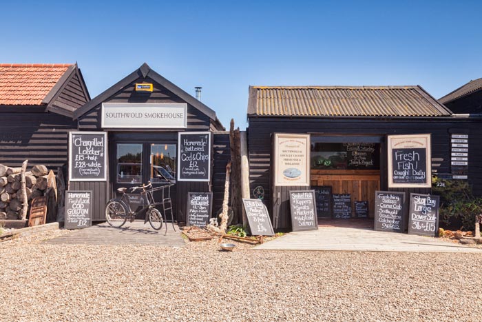 Fish stalls at Southwold Harbour, Southwold, Suffolk, England.