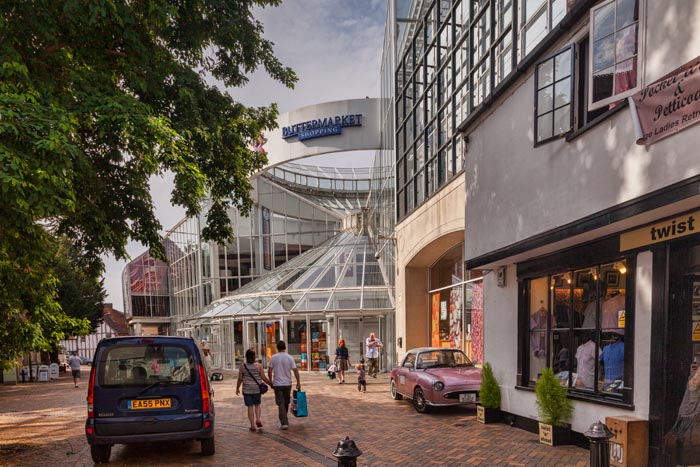 Street scene in Ipswich with the Buttermarket Shopping Centre, Ipswich, Suffolk, England