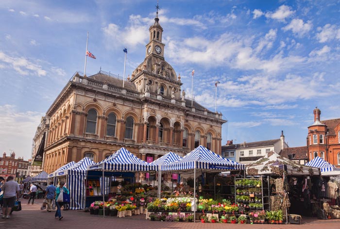 Ipswich Corn Exchange and market, Ipswich, Suffolk, England