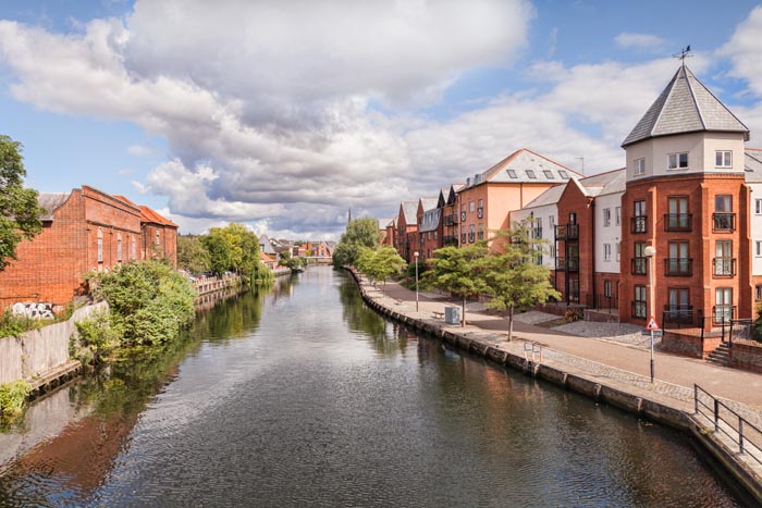 Apartments overlooking the River Wensum at Norwich, Norfolk, England