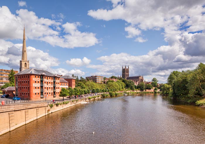 The River Severn and Worcester Cathedral, Worcester, Worcestershire, England