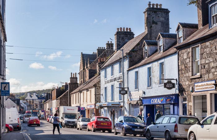 A busy morning in the traditional High Street of Newton Stuart, Dumfries and Galloway, Scotland