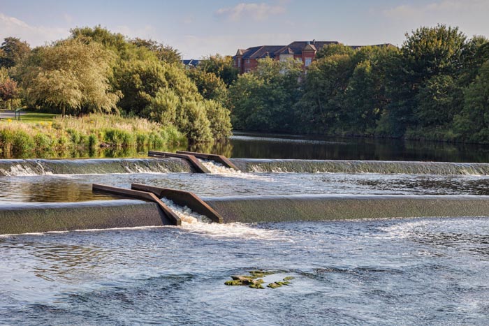 Salmon ladder on the weir on the River at Ayr, South Ayrshire, Scotland.
