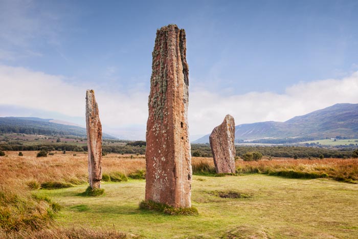 Machrie Moor 2 stone circle, a 4000 year old megalithic monument on the island of Arran, North Ayrshire, Scotland.