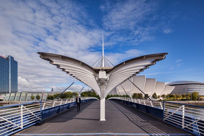 Bell's Bridge and the SECC, the Scottish Exhibition and Conference Centre, Glasgow, Scotland, UK.