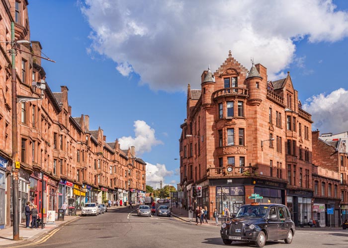 Red sandstone tenements in the east end of Glasgow, Scotland, UK.