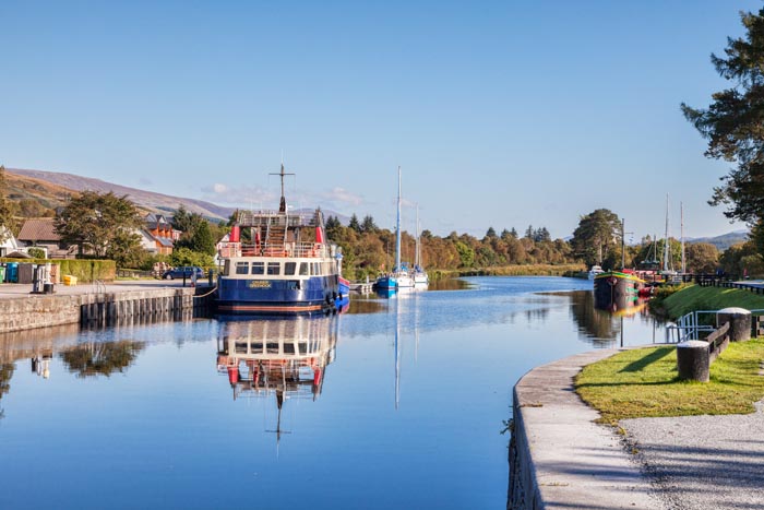 Boats in the canal basin at the top of Neptune's Staircase, Caledonian Canal, Great Glen, Highland, Scotland, UK
