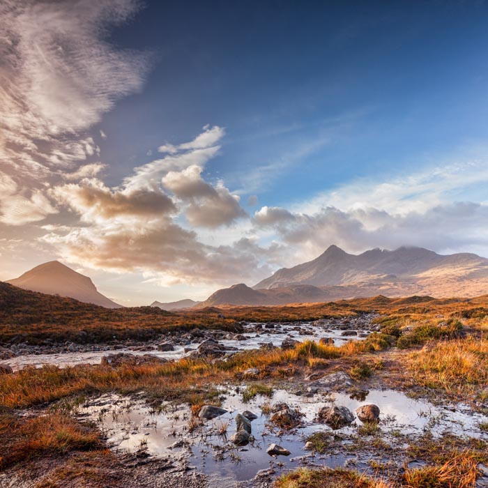 Isle of Skye, autumn, the Sligachan Burn and the Cuillins, Inner Hebrides, Highland, Scotland, UK