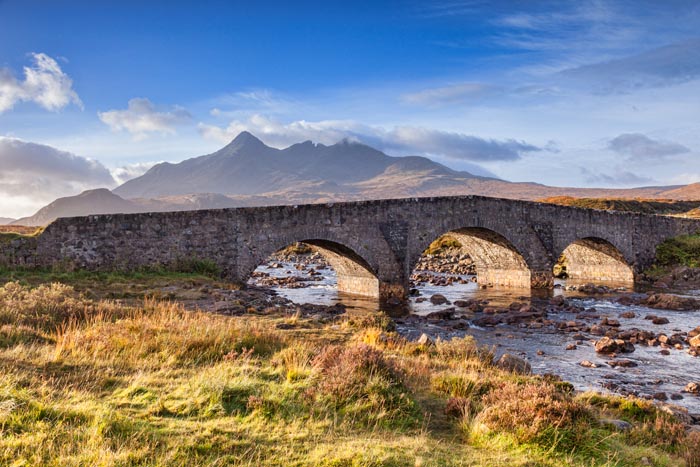 The old bridge at Sligachan and the Cuillins, Isle of Skye, Inner Hebrides, Highland, Scotland, UK