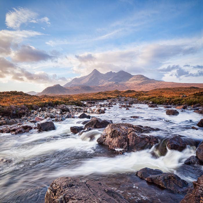 The Cuillin range and River Sligachan, Skye,Highlands, Scotland, UK.