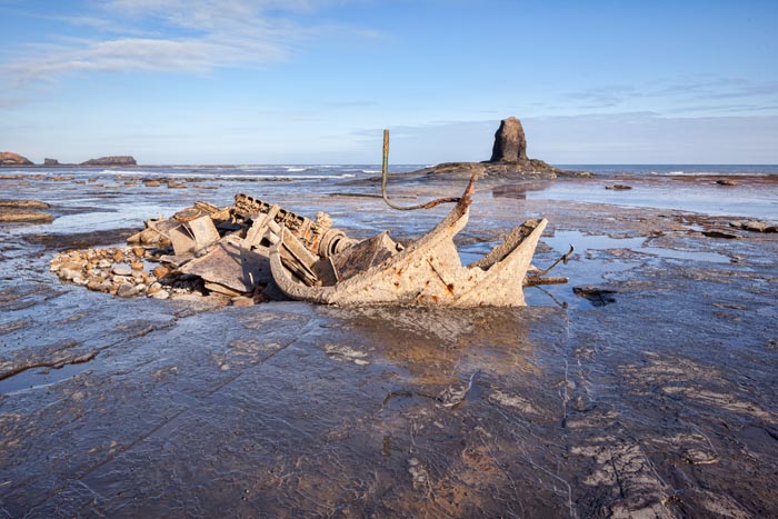 Wreck of the trawler 'Admiral van Tromp' and Black Nab, Saltwivk Bay, North Yorkshire