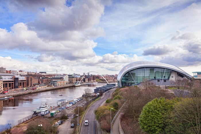 The River Tyne, with the Millennium Bridge and the Gateshead Sage, Tyne and Wear, England, UK