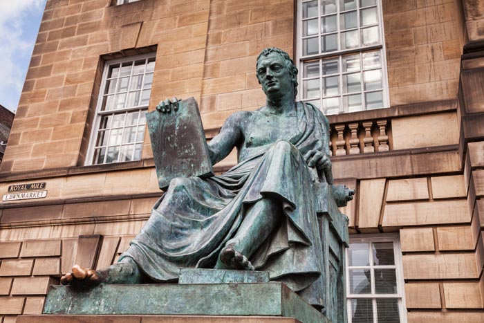 Statue of the philosopher David Hume in the Royal Mile, Edinburgh, Scotland, UK
