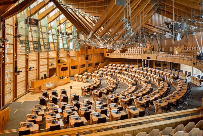The Debating Chamber of the Scottish Parliament in Holyrood, Edinburgh, Scotland.