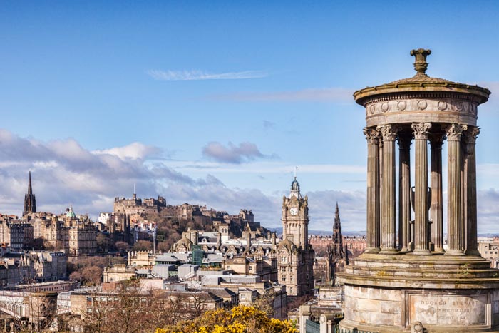 The Stewart Memorial, on Calton Hill, and the Edinburgh skyline, Scotland, UK