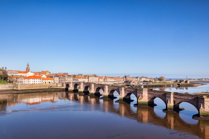 Berwick Old Bridge, the River Tweed and the town of Berwick-upon-Tweed, Northumberland, England, UK