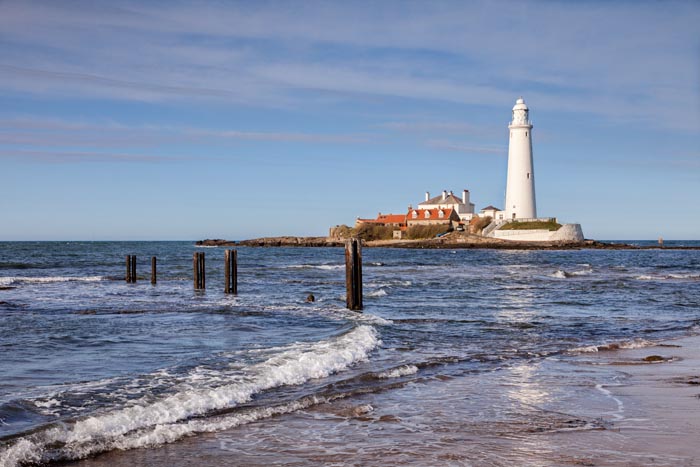 Lighthouse on St Mary's Island, near Whitley Bay, Tyne and Wear, England, UK.