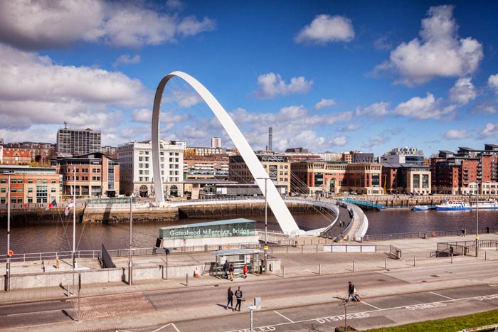Millenium Bridge and Newcastle Quays from Gateshead Quays, Newcastle-upon-Tyne, Tyne and Wear, England, UK