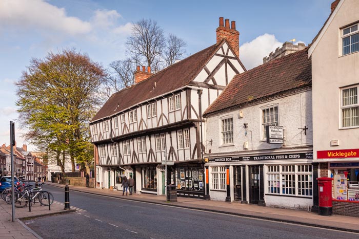 Black and white buildings in Micklegate, York, North Yorkshire, England, UK