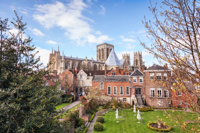 York Minster from the city walls, York, North Yorkshire, England, UK