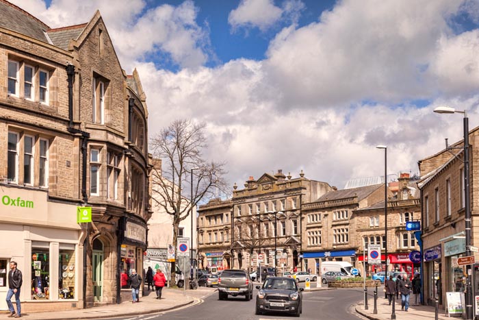 The centre of Skipton, North Yorkshire, England, UK, on a bright spring day.