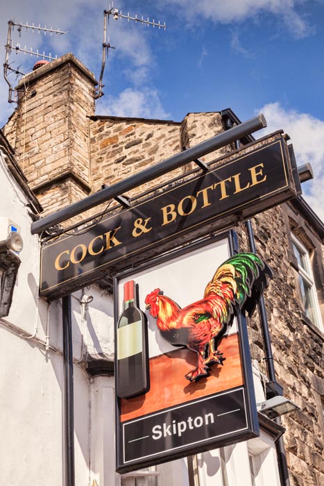 Sign for Cock and Bottle pub, Skipton, North Yorkshire, England, UK