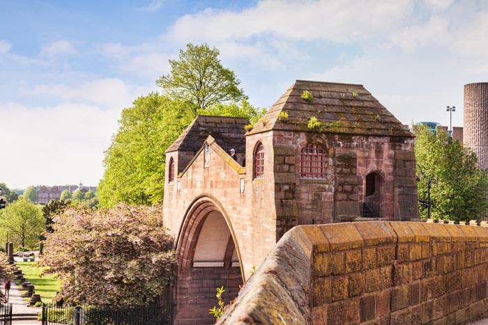 Newgate, Chester, with the Roman Garden in the background on the left, Cheshire, EWngland, UK