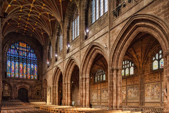 Interior of Chester Cathedral, looking towards the West window and the mosaics on the North wall of the nave.