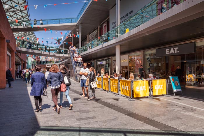Shoppers in Liverpool One, the shopping, residential and leisure complex in the centre of Liverpool, England, UK