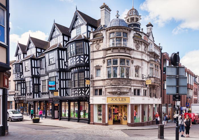 Shrewsbury town centre, High Street on the left, Mardol Head on the right, Shropshire, England, UK