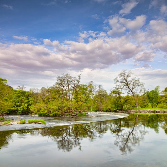 Horseshoe Falls, the J shaped weir on the River Dee designed by Thomas Telford to supply water to the Shropshire Union Canal, near Llangollen, County borough of Wrexham, Wales, UK