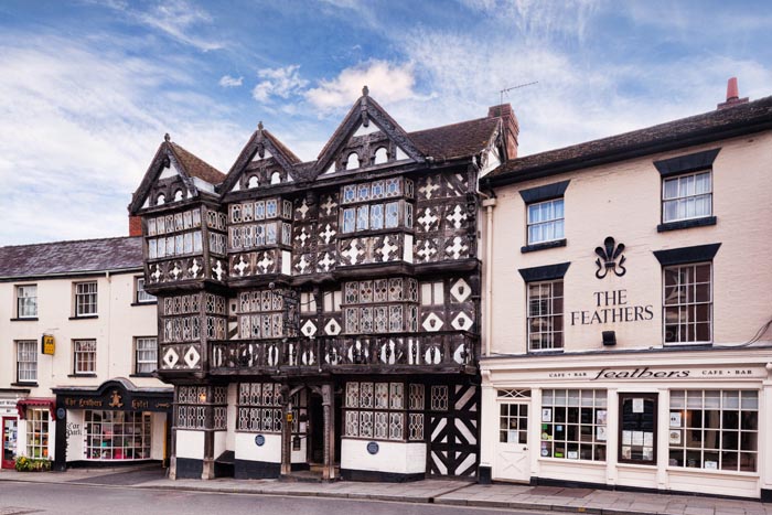 The Feathers Hotel, an ornate, Grade 1 listed, Tudor style building in Ludlow, Shropshire, England, UK