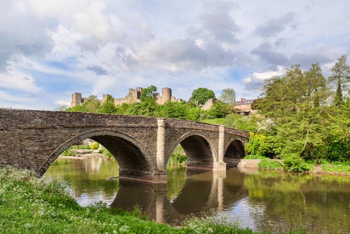 Dinham Bridge, the River Teme and Ludlow Castle, Shropshire, England, UK
