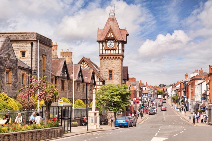 Ledbury High Street, with the Clocktower dedicated to Elizabeth Barrett-Browning, Herefordshire, England, UK