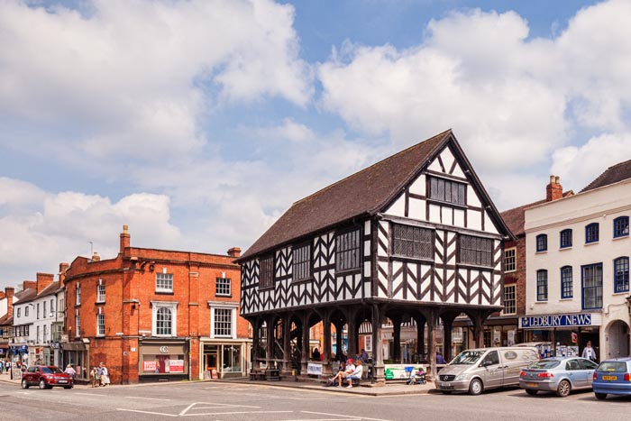The town centre of Ledbury, with its Market House, built in 1617, Herefordshire, England, UK