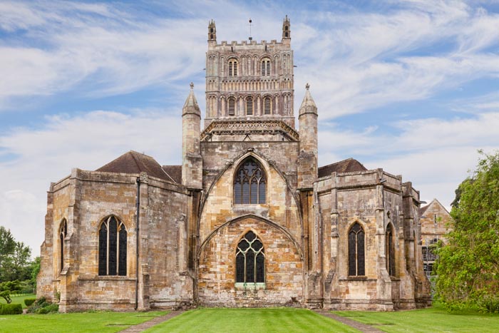 The east side of the Abbey Church of St Mary the Virgin, Tewkesbury, Gloucestershire, England.