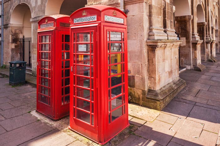 Defibrillator in an old red telephone box in Monmouth, Monmouthshire, England, UK