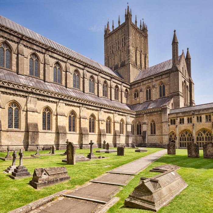 View from the cloisters, looking north-east, of Wells Cathedral, Somerset, England, UK