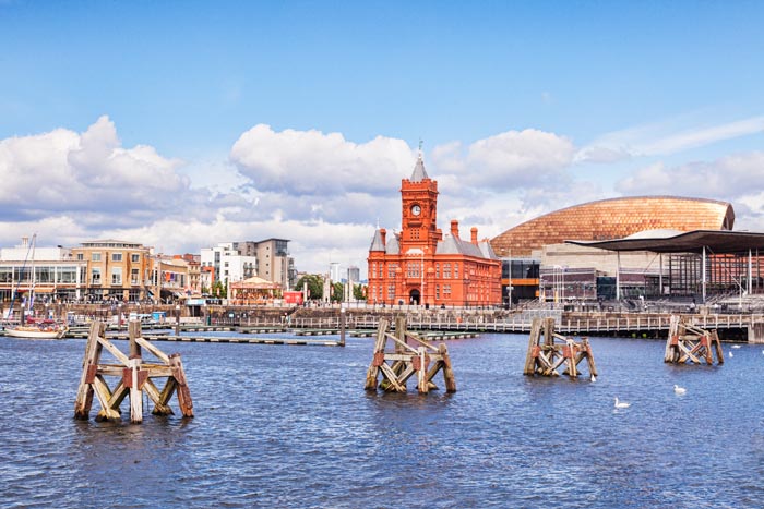 27 June 2016: Cardiff, Wales - Cardiff Bay, with the Waterfront, The Senedd, the Wales Millennium Centre, the Pierhead Building and Mermaid Quay,  Cardiff, Wales, UK