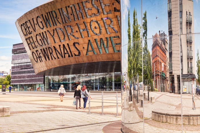 27 June 2016: Cardiff, Wales - Roald Dahl Plass with the Wales Millennium Centre and the Water Tower, Cardiff, Wales, UK