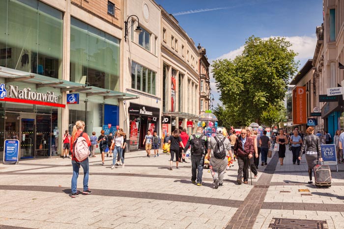 Cardiff, Wales: 27 June 2016 - Shoppers in Queen Street.