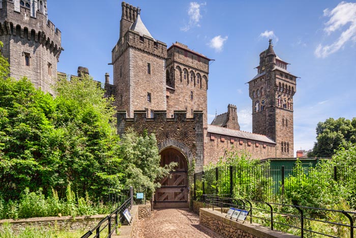 Cardiff, Wales: 27 June 2016 - Cardiff Castle from Bute Park.