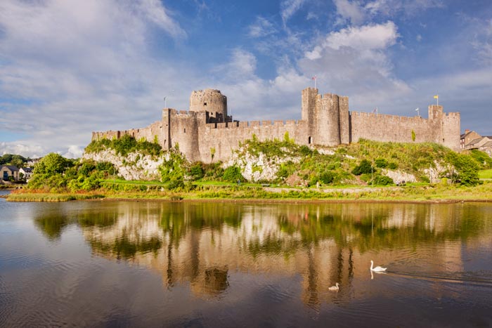 Pembroke Castle on a summer evening, Pembroke, Pembrokeshire, Wales, UK