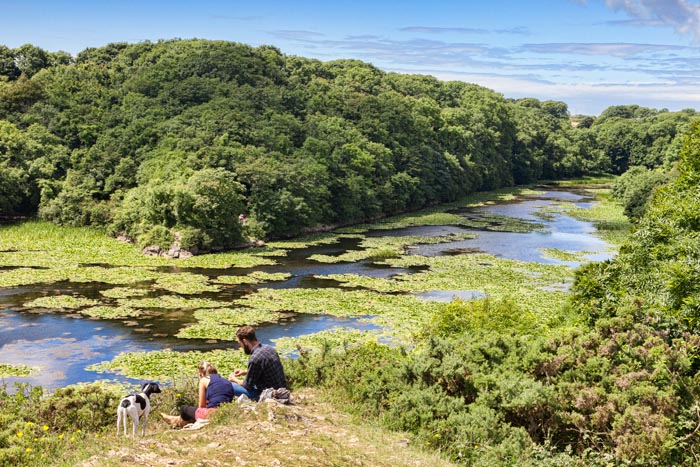 Young couple at Bosherston Lily Ponds, on the Stackpole Estate, Pembrokeshire Coast National Park, Wales, UK